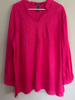 Lauren Ralph Lauren Linen Embroidered Tunic Blouse 2X Pink Boho Coastal Resort